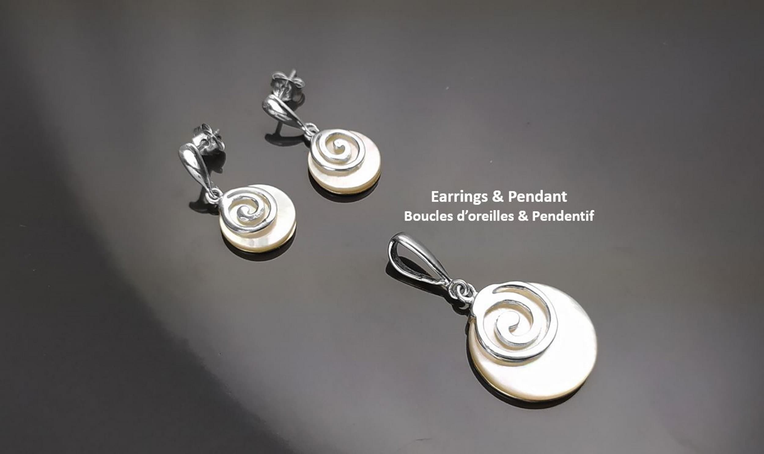 White round earrings, Sterling Silver, Genuine Mother of Pearl Shell Stone, Spiral Design Dangle Earrings, Modern Swirl Design Jewelry