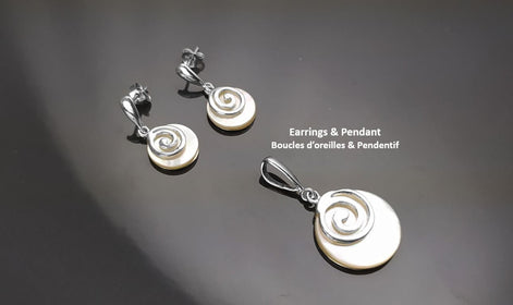 White round earrings, Sterling Silver, Genuine Mother of Pearl Shell Stone, Spiral Design Dangle Earrings, Modern Swirl Design Jewelry