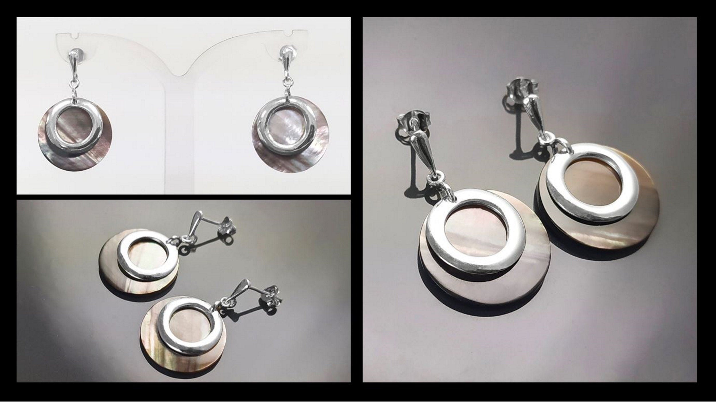 Gray Shell Earrings , Sterling Silver, Natural Grey Mother of Pearl Discs, Modern Dangle Geometric Round Earrings, Minimalist Women Jewelry