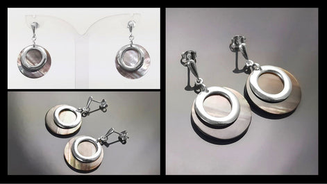 Gray Shell Earrings , Sterling Silver, Natural Grey Mother of Pearl Discs, Modern Dangle Geometric Round Earrings, Minimalist Women Jewelry