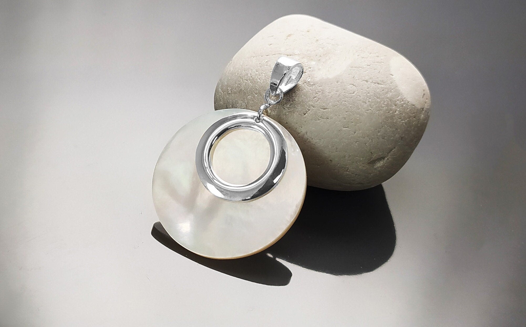 Full Moon Pendant, Sterling Silver, Mother of Pearl Shell Flat Disc Pendant Set, Modern Minimal Jewelry, MOP Round Jewelry