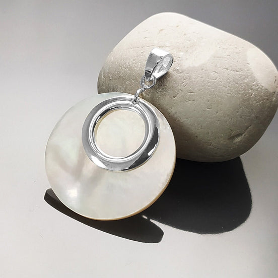 Full Moon Pendant, Sterling Silver, Mother of Pearl Shell Flat Disc Pendant Set, Modern Minimal Jewelry, MOP Round Jewelry