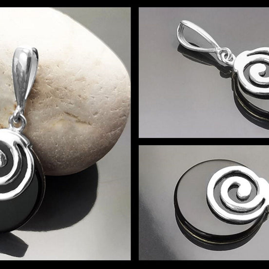 Black Round Earrings and Pendant - Sterling Silver 925, Black Onyx Stone, Spiral Design Silver Jewelry set, Modern Swirl Design Jewelry