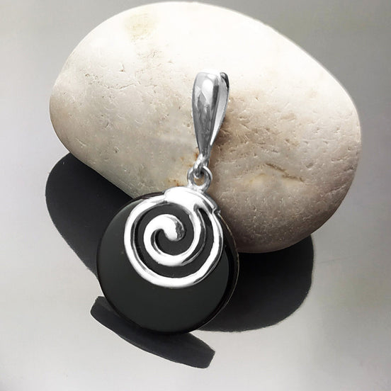 Black round Pendent, Sterling Silver 925, Black Onyx Stone Pendent, Spiral Design Pendent, Modern Swirl Design Jewelry, Small 925 Pendent