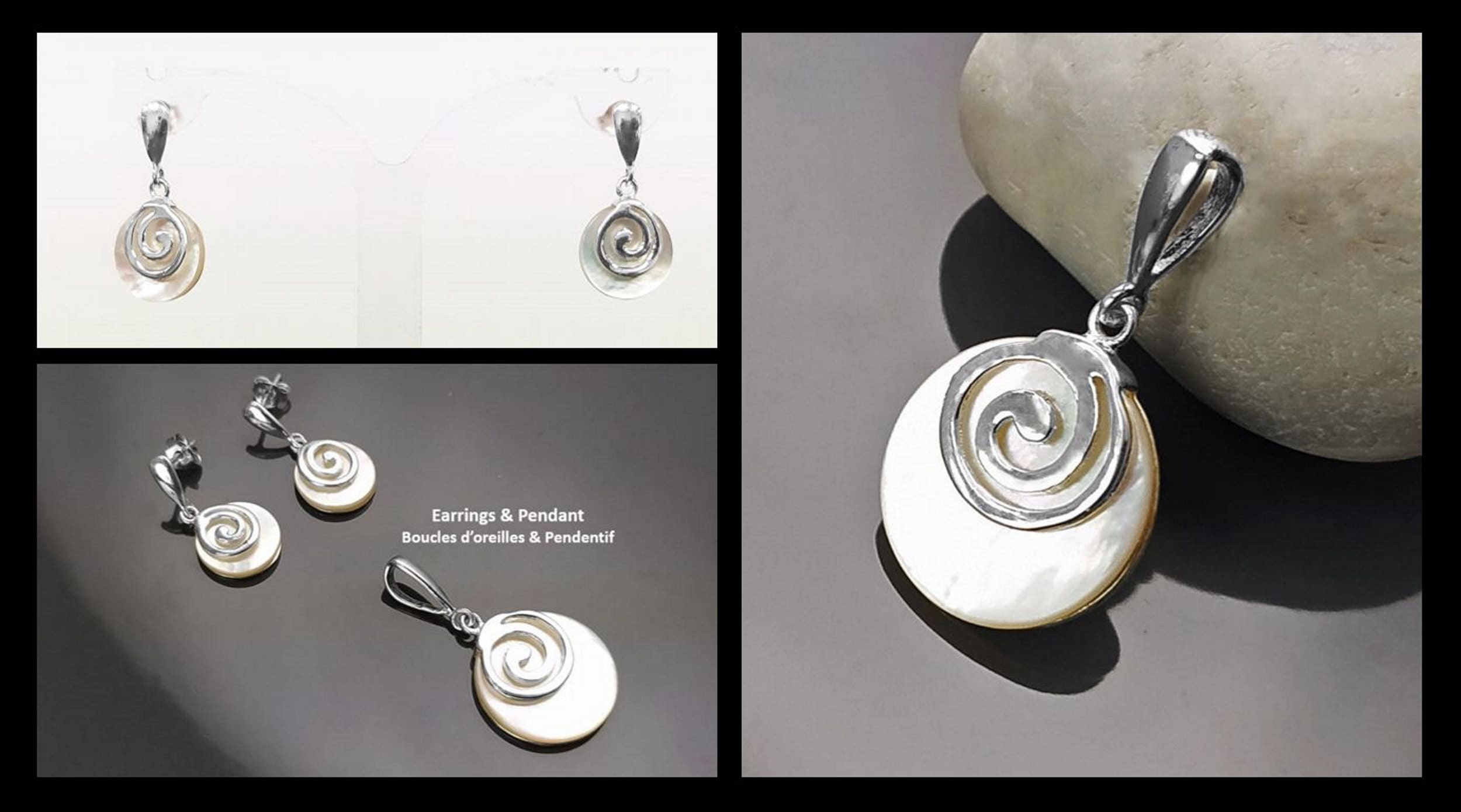 White round earrings, Sterling Silver, Genuine Mother of Pearl Shell Stone, Spiral Design Dangle Earrings, Modern Swirl Design Jewelry