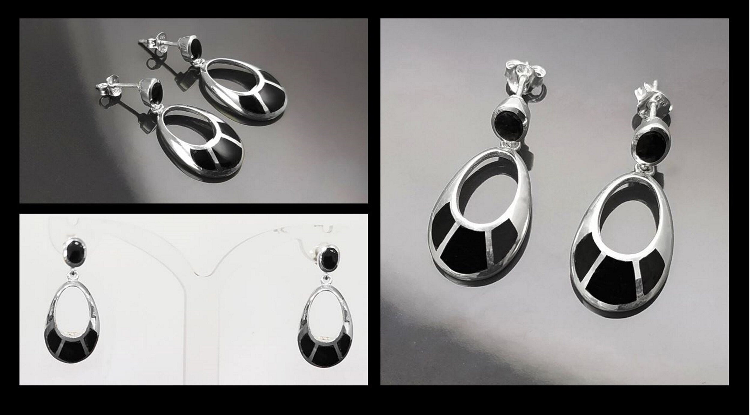 Une paire de boucles d'oreilles pendantes ovales en argent 925 avec des pierres noires en onyx. Les pierres sont serties dans un cadre en argent avec un motif géométrique.