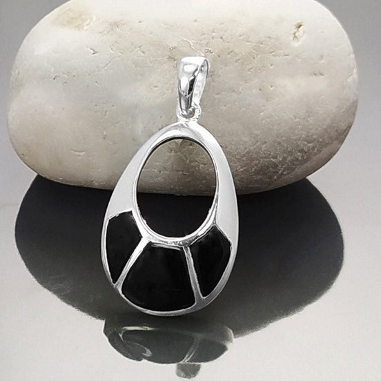 Black Stone Pendant - Sterling Silver, Oval Almond Shape Onyx , Bright Black Stones Dangle Drop Pendant , Modern Geometric Jewelry