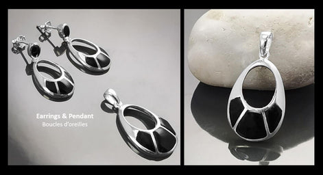 Black Stone Pendant - Sterling Silver, Oval Almond Shape Onyx , Bright Black Stones Dangle Drop Pendant , Modern Geometric Jewelry