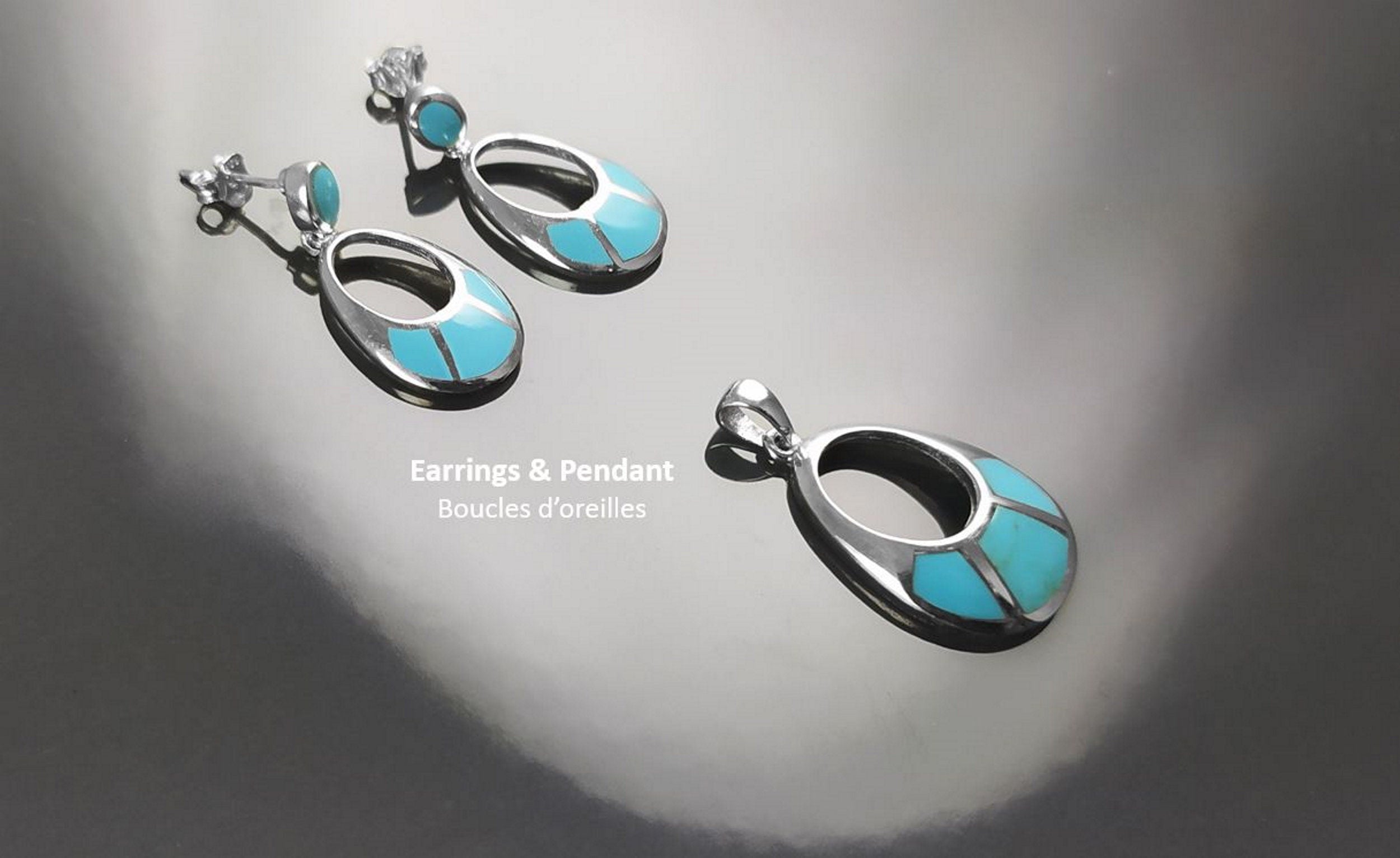 Turquoise Pendant Earrings, Sterling Silver, Oval Almond Shape Blue Stone, Geometric Drop Stones Earrings, Modern Jewelry, Dangle Earrings