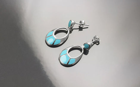SET Turquoise Sterling Silver Earrings and Pendant Sterling Silver, Oval Almond Shape Blue Turquoise, Turquoise Stones, Dangle Earrings