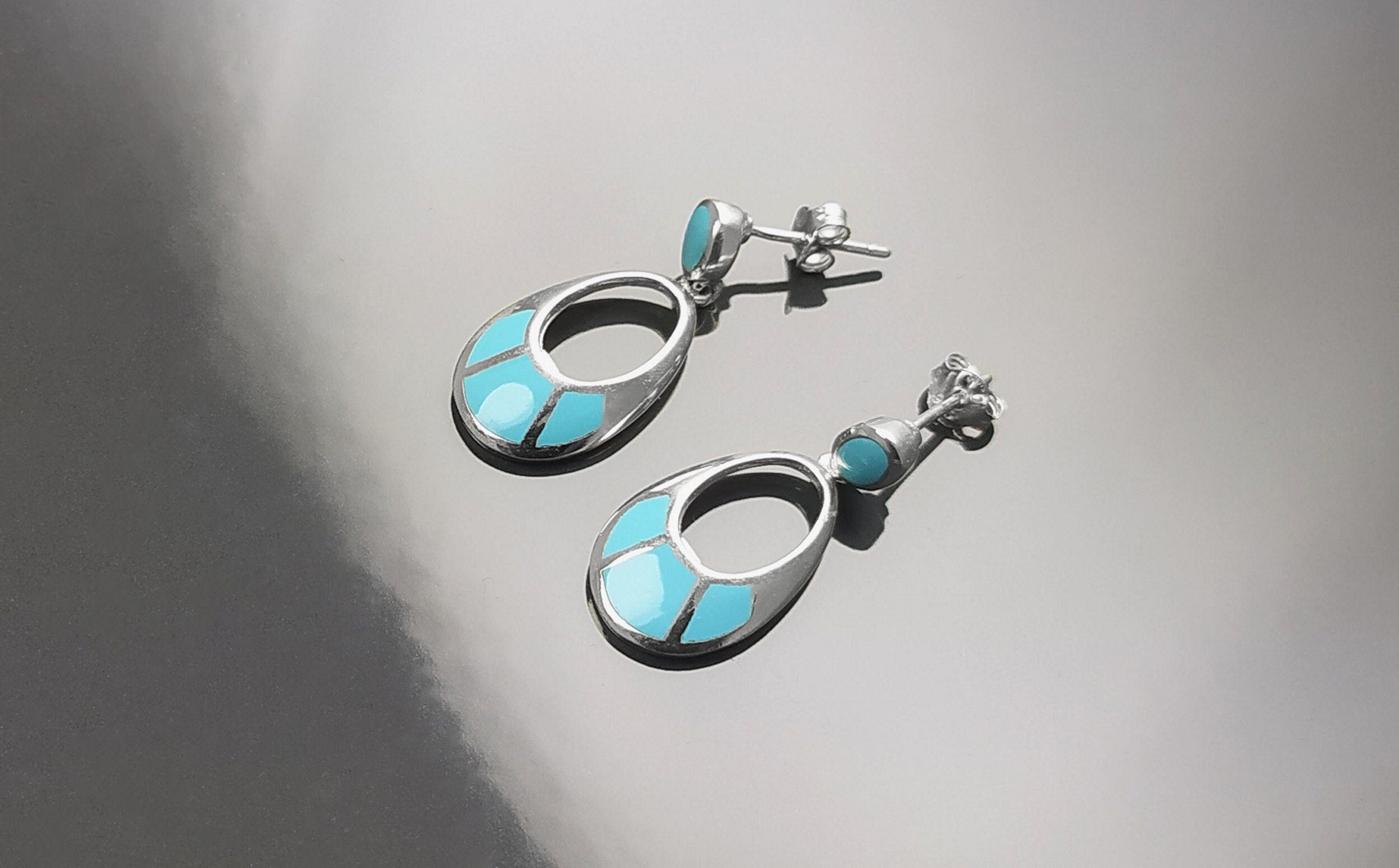 Turquoise Pendant Earrings, Sterling Silver, Oval Almond Shape Blue Stone, Geometric Drop Stones Earrings, Modern Jewelry, Dangle Earrings