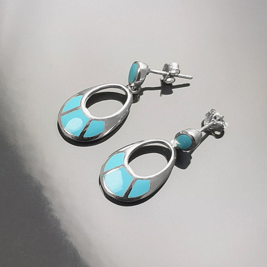 Turquoise Pendant Earrings, Sterling Silver, Oval Almond Shape Blue Stone, Geometric Drop Stones Earrings, Modern Jewelry, Dangle Earrings