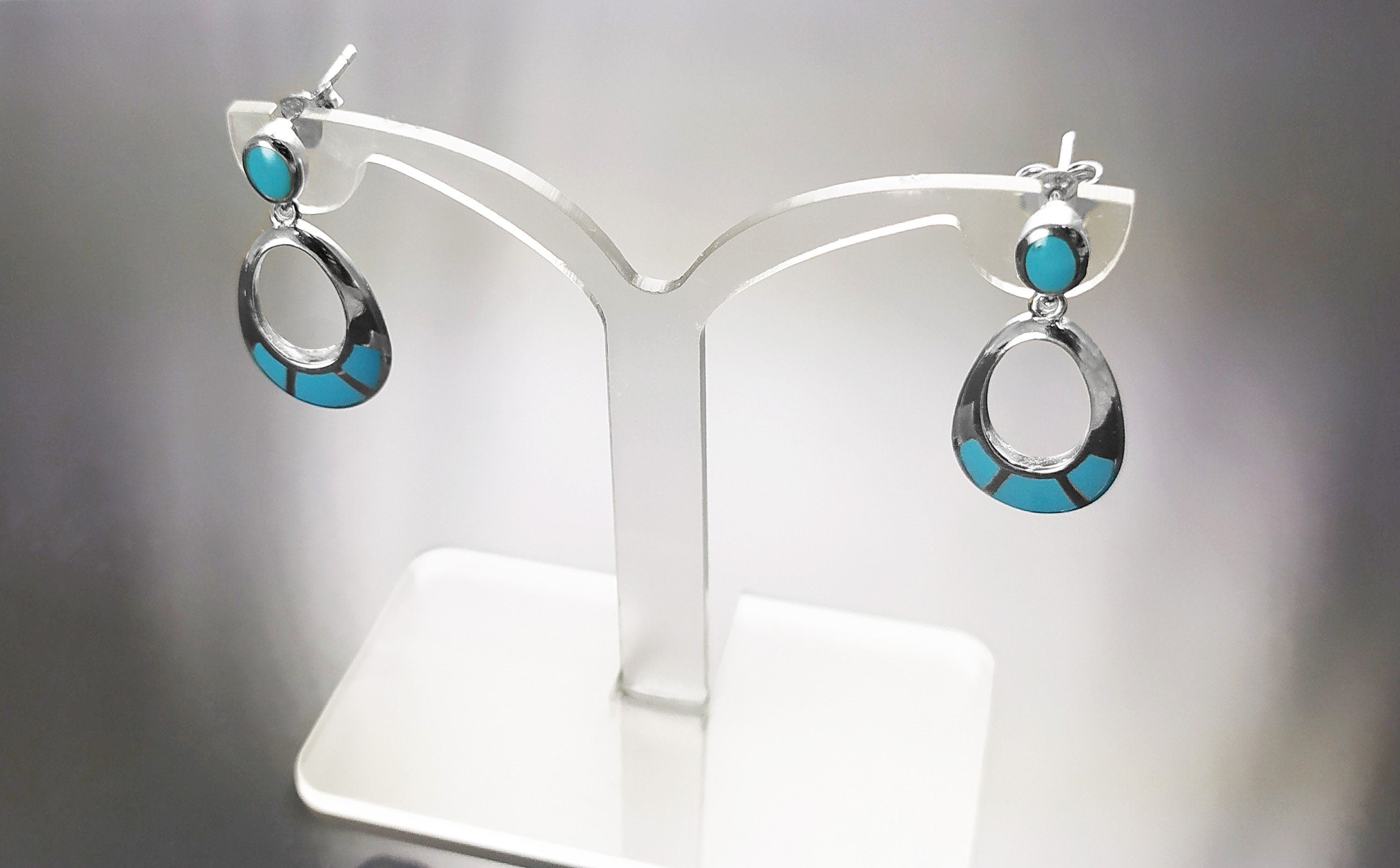Turquoise Pendant Earrings, Sterling Silver, Oval Almond Shape Blue Stone, Geometric Drop Stones Earrings, Modern Jewelry, Dangle Earrings