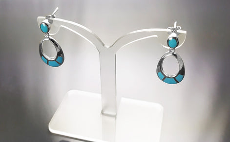 Turquoise Pendant Earrings, Sterling Silver, Oval Almond Shape Blue Stone, Geometric Drop Stones Earrings, Modern Jewelry, Dangle Earrings