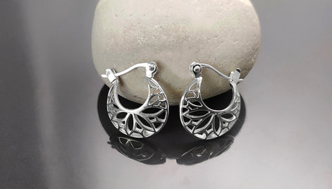 Flower of Life Hoop Earrings, Sterling Silver, Seed of Life Yoga Sacred Geometry, Open Filigree Round Hoops, Mandala Spiritual Jewelry