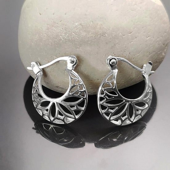 Flower of Life Hoop Earrings, Sterling Silver, Seed of Life Yoga Sacred Geometry, Open Filigree Round Hoops, Mandala Spiritual Jewelry