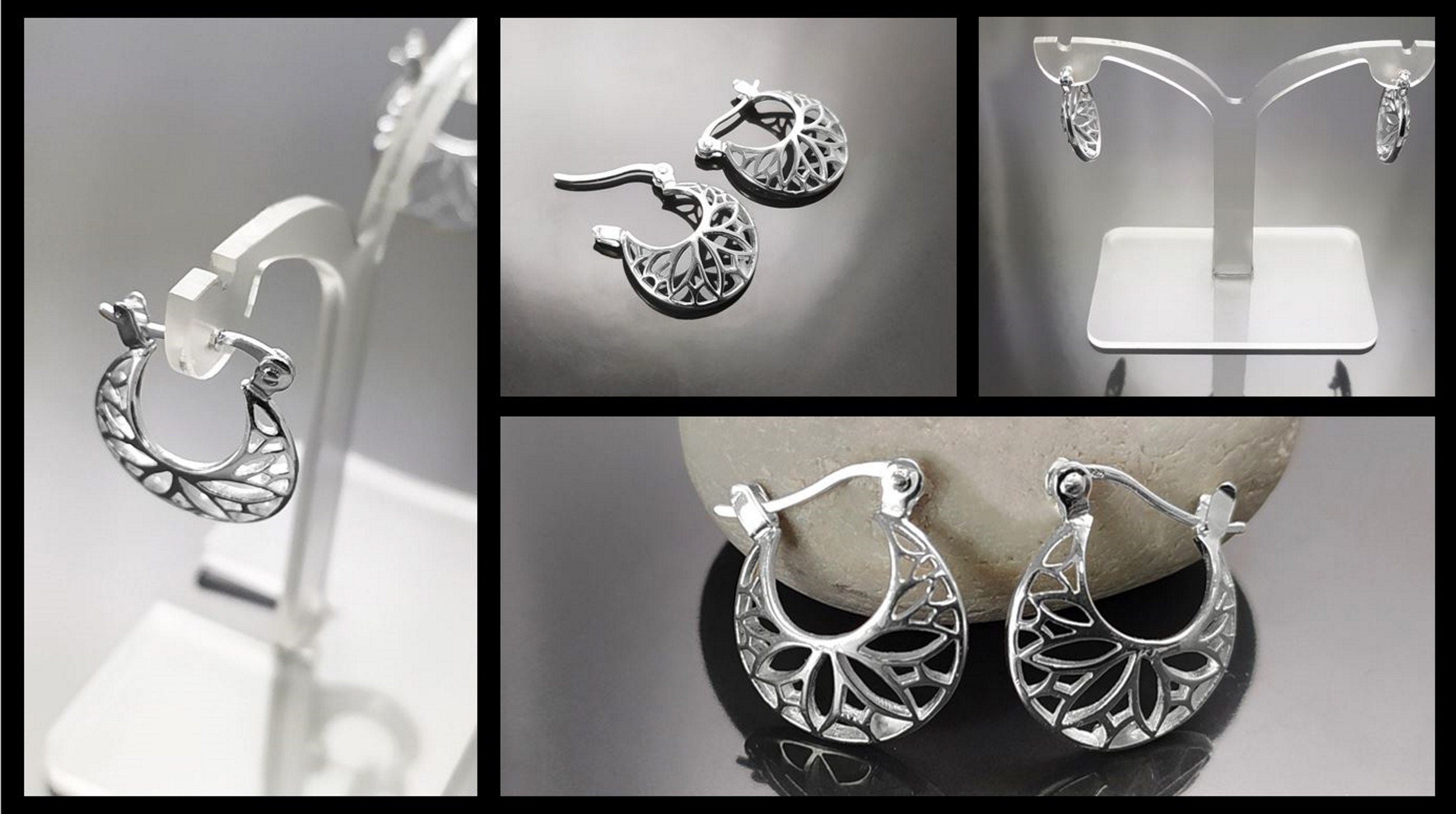 Flower of Life Hoop Earrings, Sterling Silver, Seed of Life Yoga Sacred Geometry, Open Filigree Round Hoops, Mandala Spiritual Jewelry