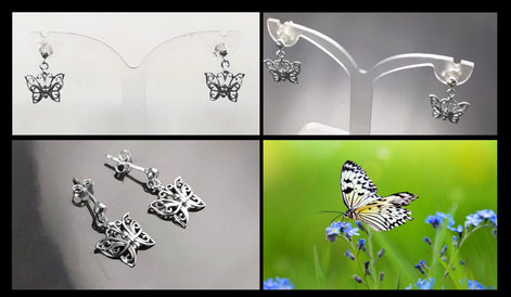 Une paire de boucles d'oreilles pendantes en argent en forme de papillon. Les boucles d'oreilles présentent un design délicat et complexe avec un motif de filigrane. 
Boucles d'oreilles papillon en Argent 925, Symbole de la Métamorphose, du renouvellement et du commencement d'un nouveau chapitre de vie.
Boucles portées vu de face. Des Papillons en filigrane sur tige.
Durable, fait main, local. Créateurs sûrs. Boutique aux milliers d'avis.