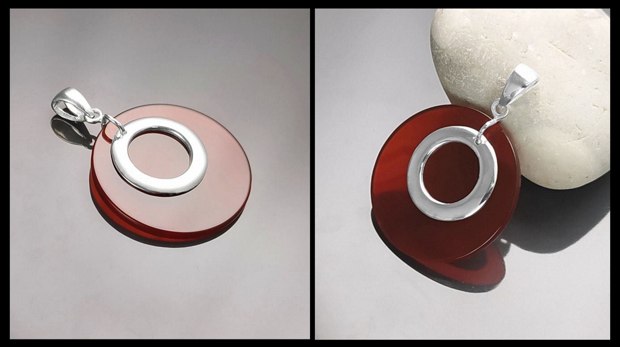 Red Round Pendant, Sterling Silver, Red Agate Stone Discs, Modern Dangle Geometric Necklace, Minimalist Women Jewelry