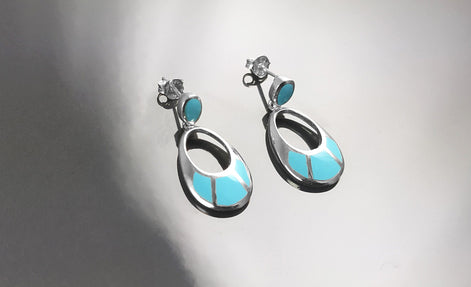Turquoise Pendant Earrings, Sterling Silver, Oval Almond Shape Blue Stone, Geometric Drop Stones Earrings, Modern Jewelry, Dangle Earrings