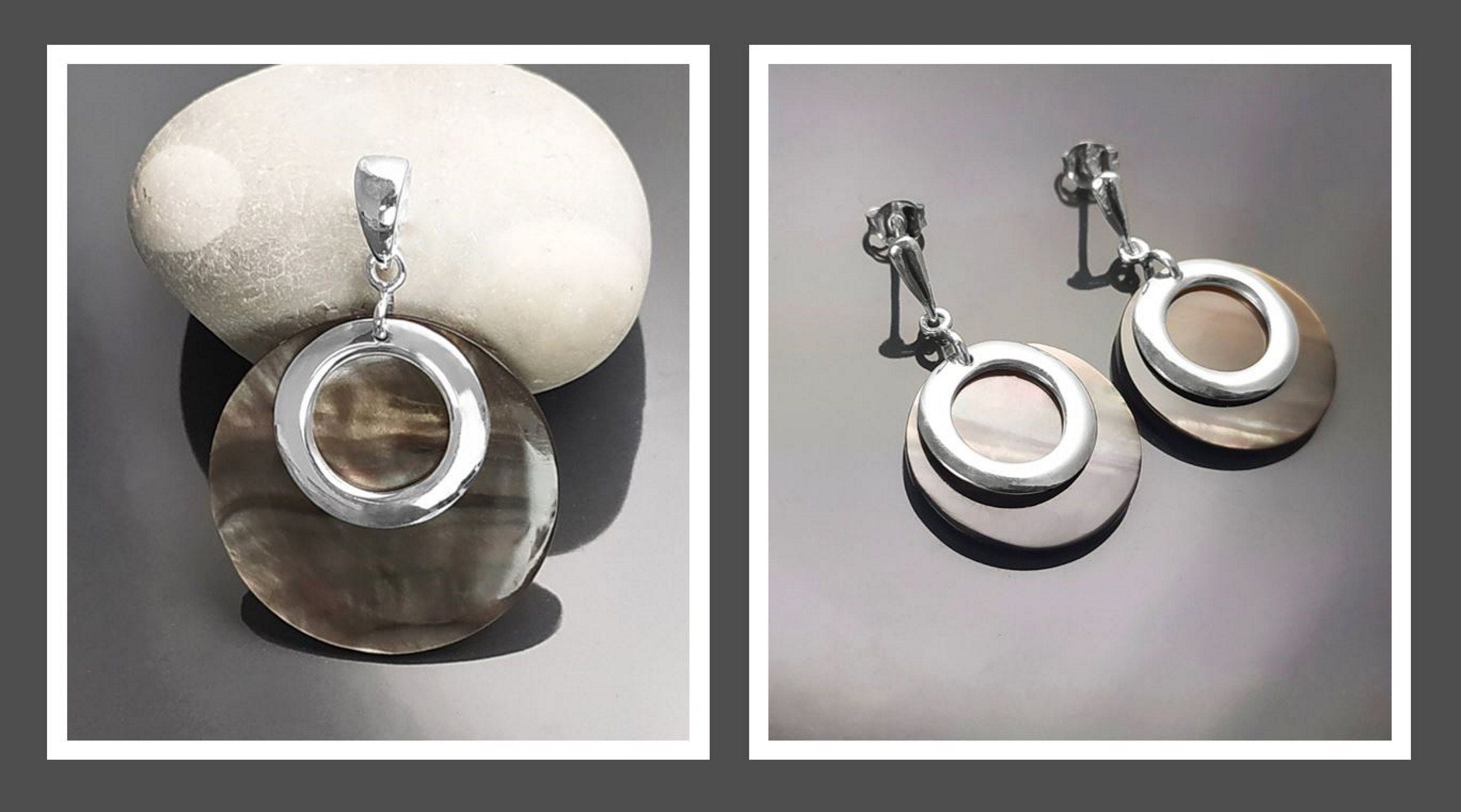 Gray Shell Earrings , Sterling Silver, Natural Grey Mother of Pearl Discs, Modern Dangle Geometric Round Earrings, Minimalist Women Jewelry