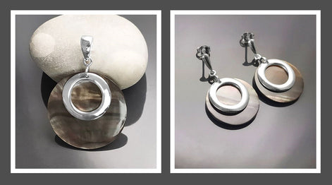 Gray Shell Earrings , Sterling Silver, Natural Grey Mother of Pearl Discs, Modern Dangle Geometric Round Earrings, Minimalist Women Jewelry
