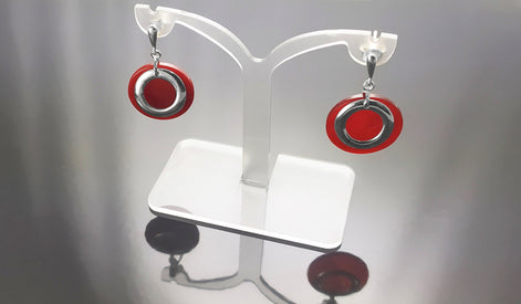 Red Dangle Round Earrings , Sterling Silver, Red Agate Stone Discs, Modern Geometric Earrings, Minimalist Women Gemstone Jewelry