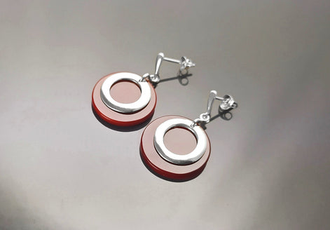 Red Dangle Round Earrings , Sterling Silver, Red Agate Stone Discs, Modern Geometric Earrings, Minimalist Women Gemstone Jewelry