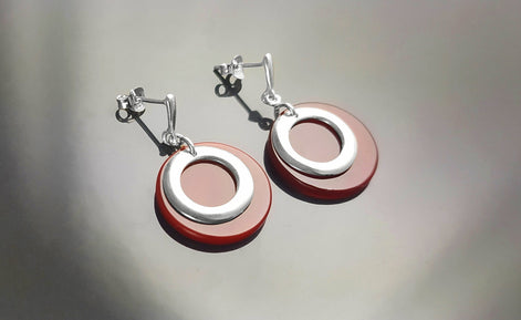 Red Round Earrings Set, Sterling Silver, Red Agate Stone Discs, Modern Dangle Geometric Pendant, Minimalist Women Outfit Jewelry