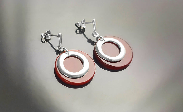 Red Dangle Round Earrings , Sterling Silver, Red Agate Stone Discs, Modern Geometric Earrings, Minimalist Women Gemstone Jewelry