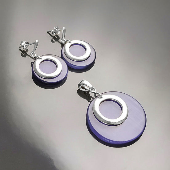 Round Drop Earrings Set Amethyst Color Solid 925 Silver Purple Stone Discs