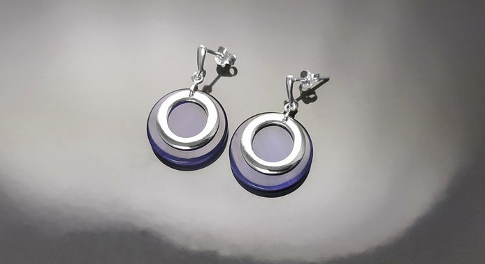 Round Drop Earrings Amethyst Color Solid 925 Silver Purple Stone Discs