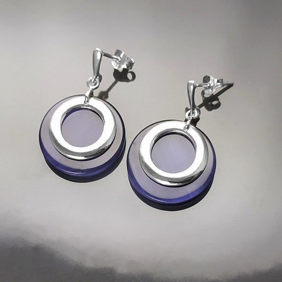 Round Drop Earrings Amethyst Color Solid 925 Silver Purple Stone Discs