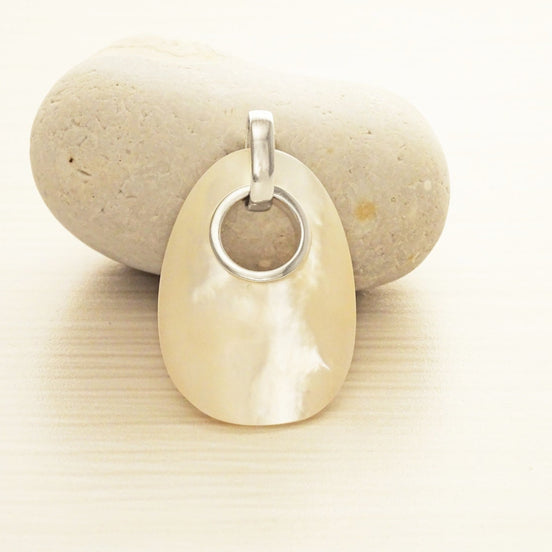 White Donut pendant, sterling silver, genuine mother-of-pearl shell Necklace, modern minimalist oval shaped jewelry, unique woman gift