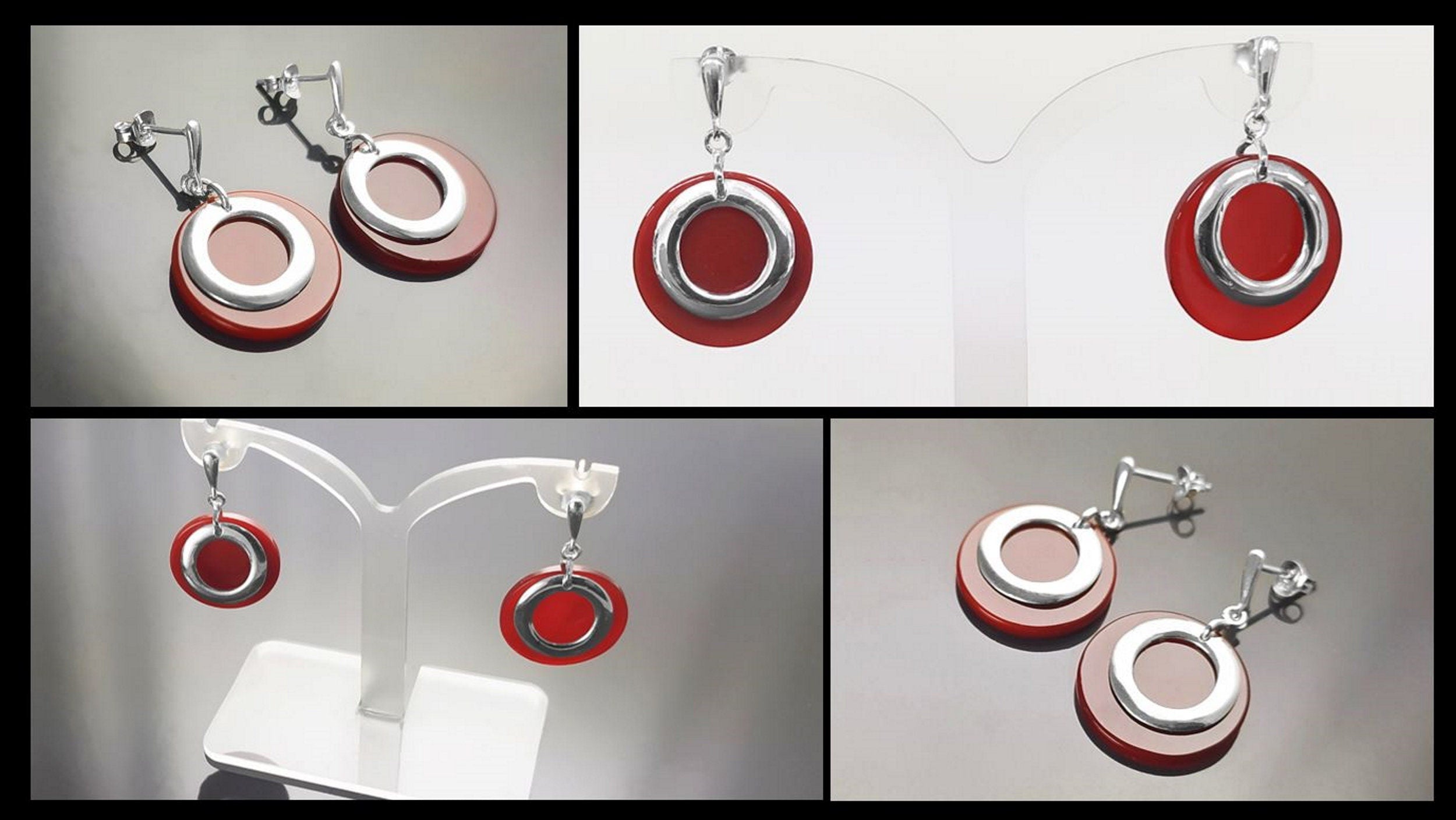 Red Round Pendant, Sterling Silver, Red Agate Stone Discs, Modern Dangle Geometric Necklace, Minimalist Women Jewelry