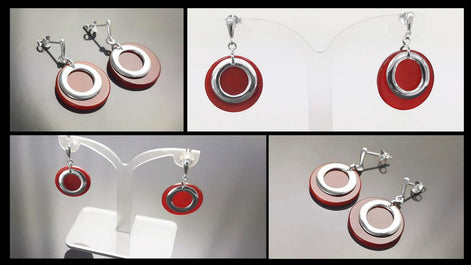 Red Dangle Round Earrings , Sterling Silver, Red Agate Stone Discs, Modern Geometric Earrings, Minimalist Women Gemstone Jewelry
