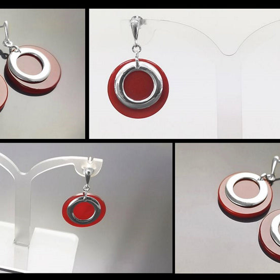 Red Dangle Round Earrings , Sterling Silver, Red Agate Stone Discs, Modern Geometric Earrings, Minimalist Women Gemstone Jewelry