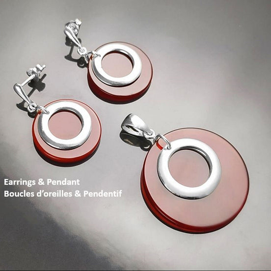 Red Round Earrings Set, Sterling Silver, Red Agate Stone Discs, Modern Dangle Geometric Pendant, Minimalist Women Outfit Jewelry
