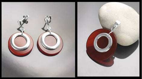 Red Round Earrings Set, Sterling Silver, Red Agate Stone Discs, Modern Dangle Geometric Pendant, Minimalist Women Outfit Jewelry