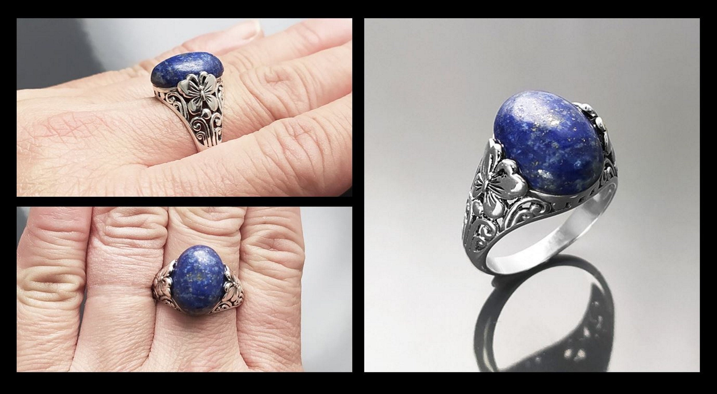 Butterfly Lapis Ring, Sterling Silver, Genuine Blue Lapis Lazuli Gemstone, Oval Stone Jewelry, Boho Filigree Vintage Style, Gift for her
