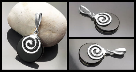Black round earrings - Sterling Silver 925, Black Onyx Stone Dangle Earrings, Spiral Design Earrings, Modern Swirl Design Jewelry