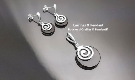 Black round earrings - Sterling Silver 925, Black Onyx Stone Dangle Earrings, Spiral Design Earrings, Modern Swirl Design Jewelry