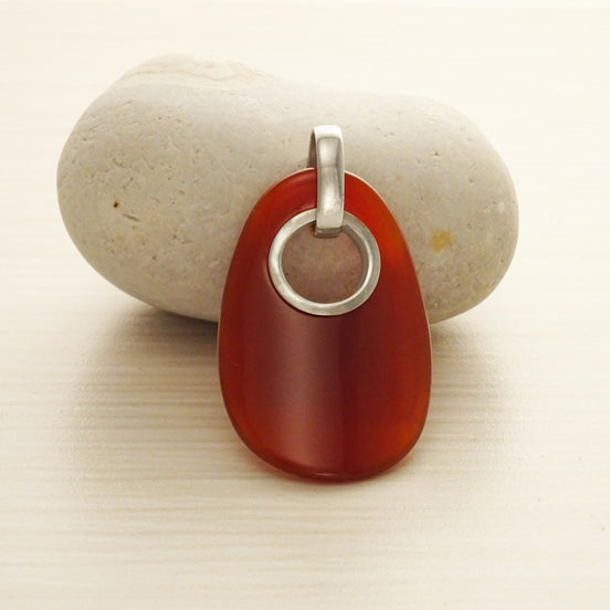 Red Stone pendant, modern Sterling silver Statement Agate Oval-shaped stone, Woman gift