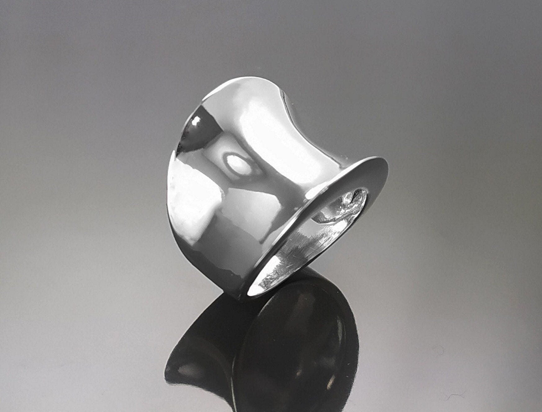 Curvy Cuff Ring, Sterling Silver, wide curved ring, large bowed convex curving, Arced modern minimalist design, statement curve jewelry
