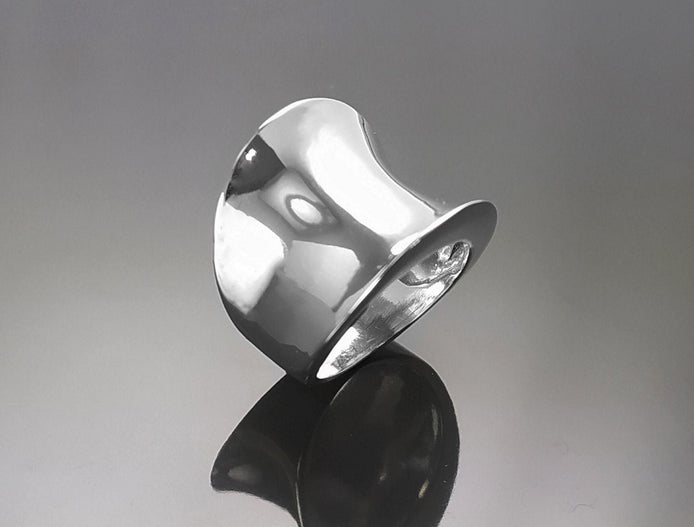 Curvy Cuff Ring, Sterling Silver, wide curved ring, large bowed convex curving, Arced modern minimalist design, statement curve jewelry