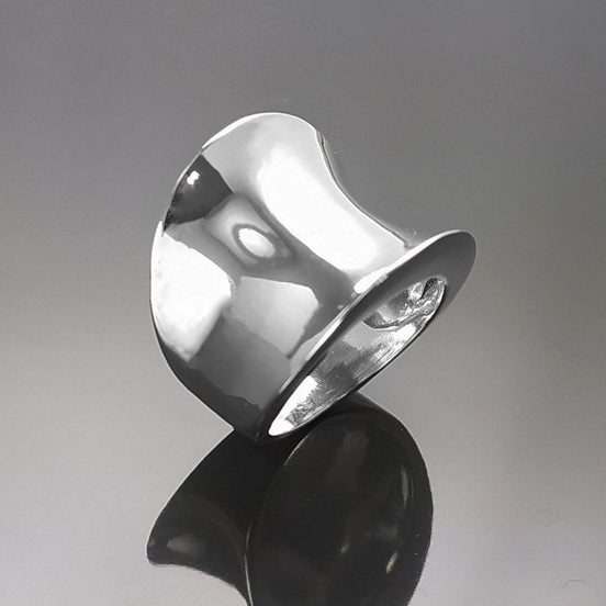 Curvy Cuff Ring, Sterling Silver, wide curved ring, large bowed convex curving, Arced modern minimalist design, statement curve jewelry