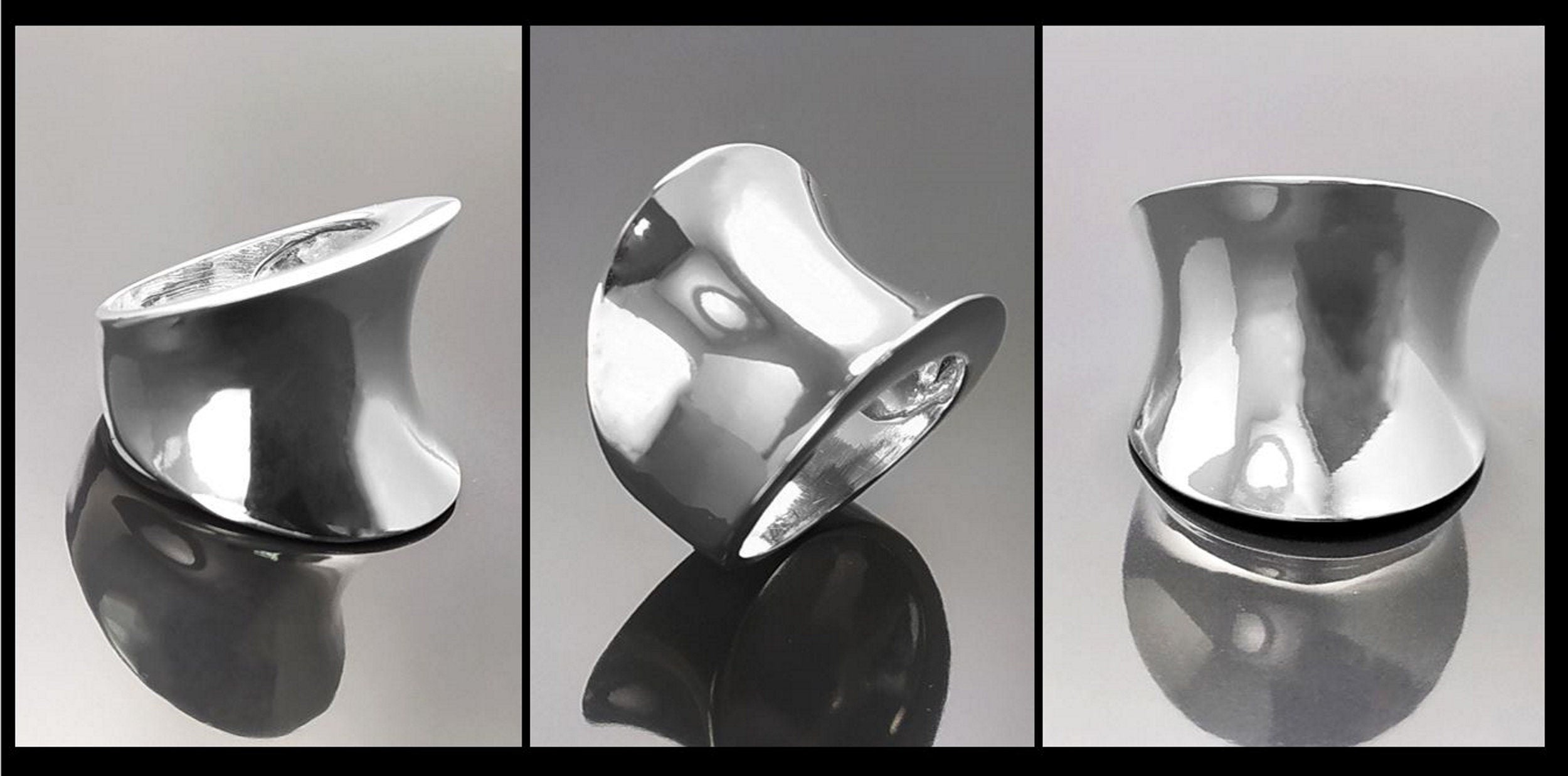 Curvy Cuff Ring, Sterling Silver, wide curved ring, large bowed convex curving, Arced modern minimalist design, statement curve jewelry