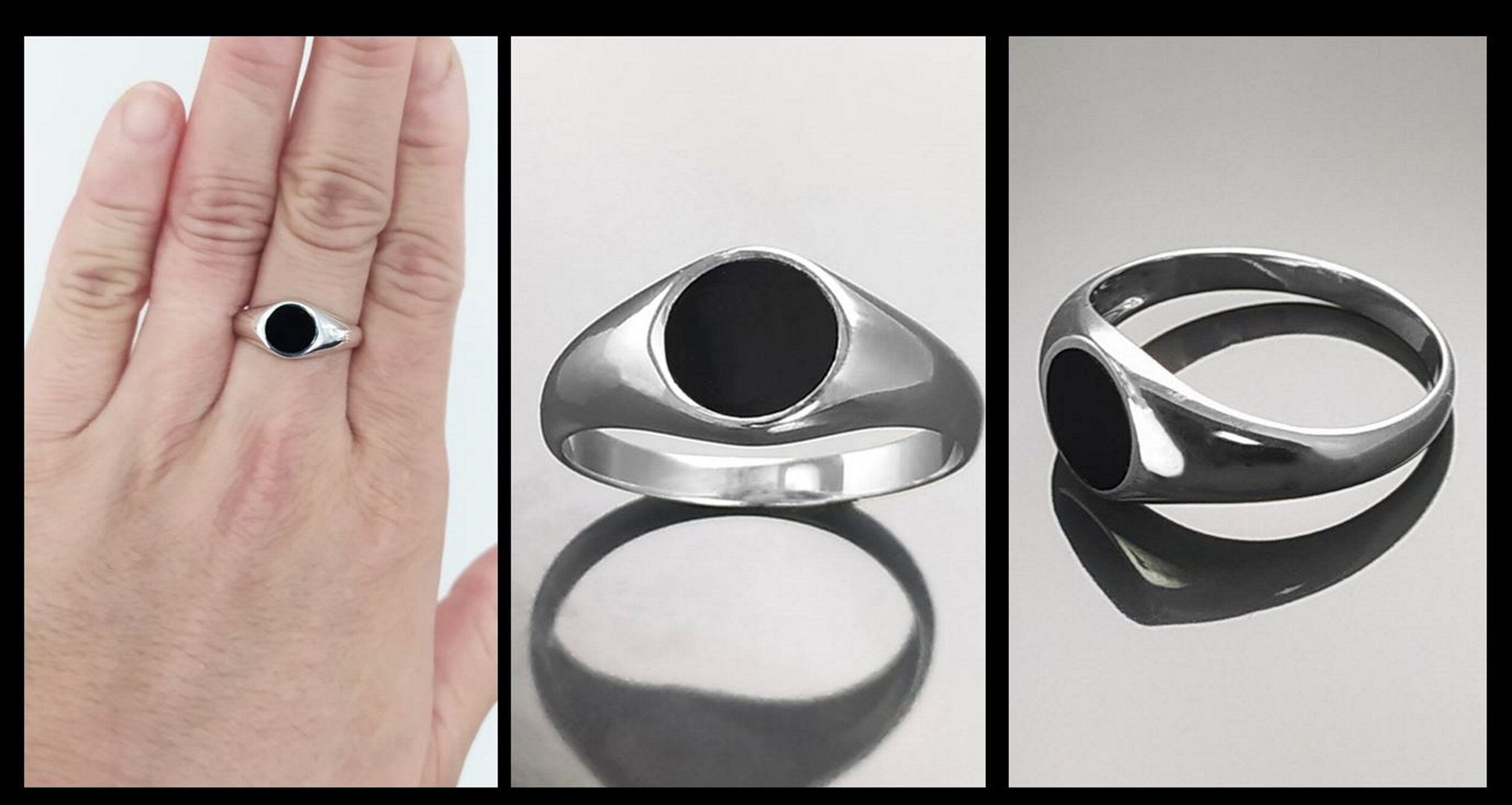 Round Signet Ring, Sterling Silver, Black Round Onyx Stone, Christmas gift, Pinky Signet Ring, Popular Unisex Jewelry