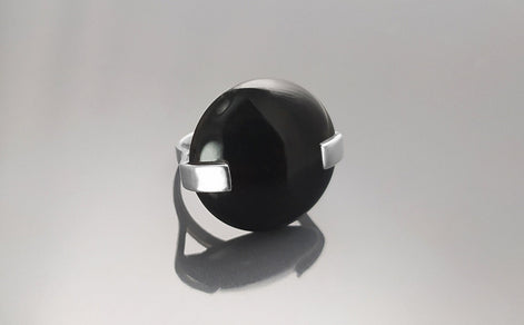 Round Black Ring, Sterling Silver, Statement Onyx Disc Gemstone, Modern Minimalist Jewelry, Domeded Round Stone Ring, Unique Designer Ring