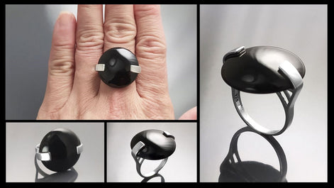 Round Black Ring, Sterling Silver, Statement Onyx Disc Gemstone, Modern Minimalist Jewelry, Domeded Round Stone Ring, Unique Designer Ring